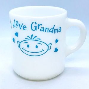 VTG Hazel Atlas I LOVE GRANDMA Milk Glass Mug/Cup With Blue Graphics (1960’s)